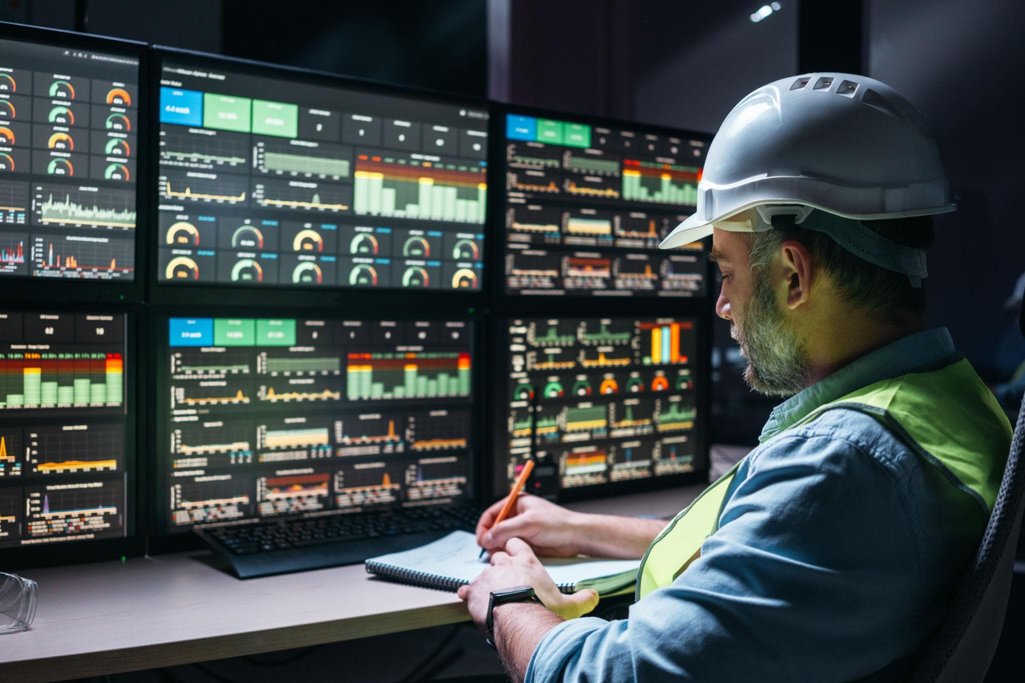 Engineer monitoring industrial control room dashboards before system start-up